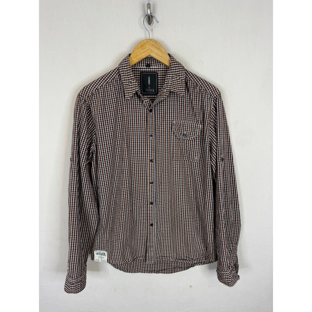 Sitka Mens Brown Gingham Plaid Long Sleeve Button Down Shirt Size Large